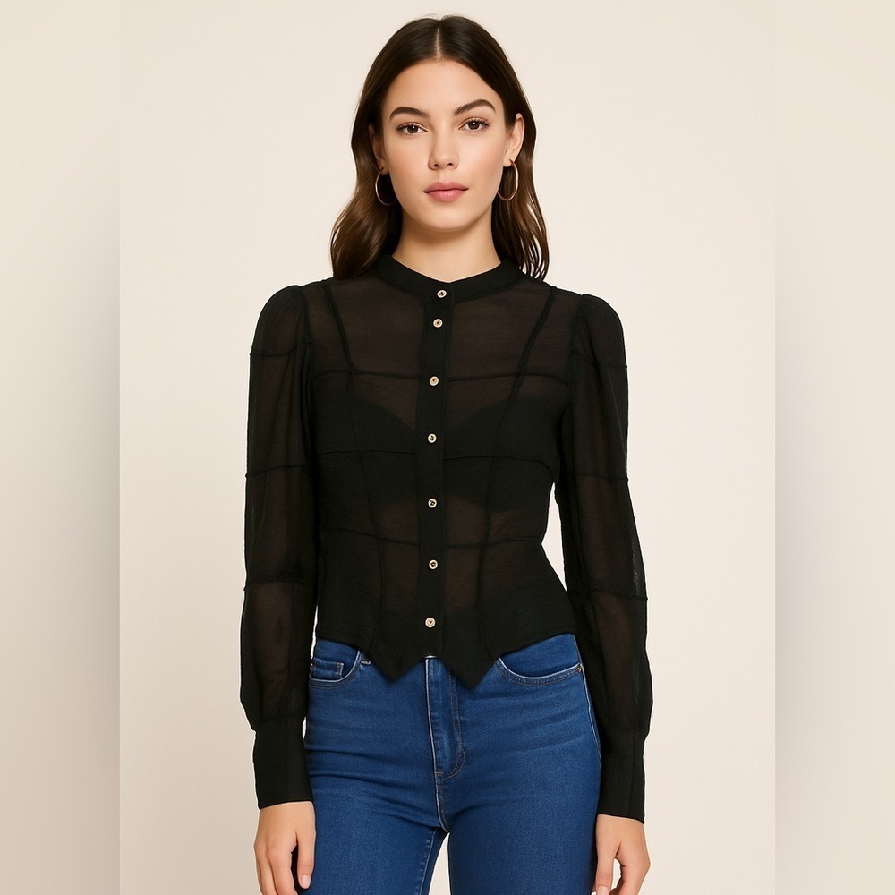 Bebe Black Sheer Long Sleeve Button Down Blouse Top - Size XS Y2K